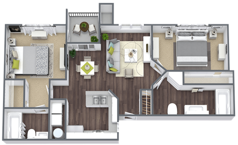 Floor plan for 2 beds, 2 baths, 969 sqft